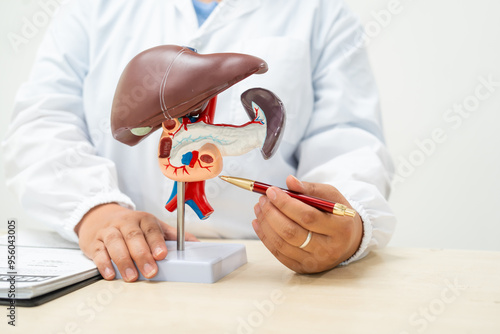  A female doctor works at a desk in the hospital, discussing liver diseases like hepatitis B, cirrhosis, and liver cancer. She emphasizes the risks and connections between these conditions.