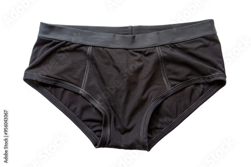 A pair of black men’s briefs with subtle stitching details and a dark gray waistband, offering a sleek and minimalist style, isolated on a transparent background