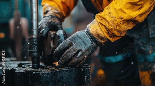 A close-up of a worker's hands operating heavy machinery at an oil drilling site