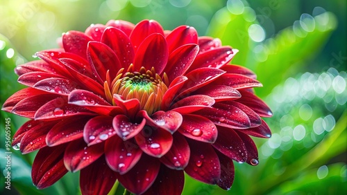 Close-up of a vibrant red flower with shimmering water droplets on petals, set against a lush green foliage backdrop