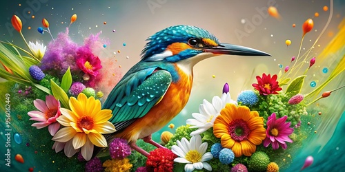 Colorful kingfisher surrounded by vibrant floral splashes in a whimsical imaginary enclave