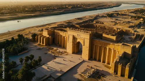 Aerial view of the ancient ruins of Babylon in Iraq, with the Euphrates River in the background