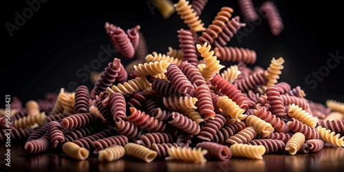 Falling raw Fusilli pasta, uncooked Rotini in motion, isolated with full depth of field.