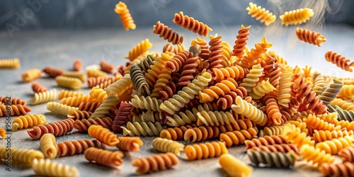 Falling raw Fusilli pasta, uncooked Rotini in motion, isolated with full depth of field.