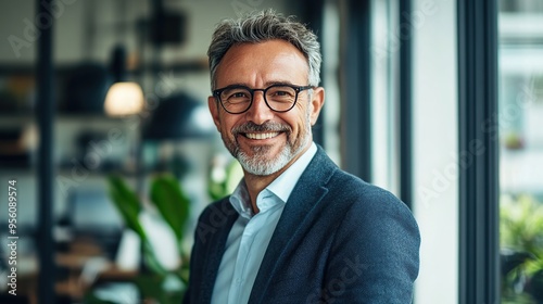 Middle aged professional business man with glasses wearing white shirt and suit happily smiling standing in office near glass window