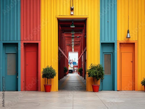 A colorful passageway with doors and plants leading to a bright, open space.