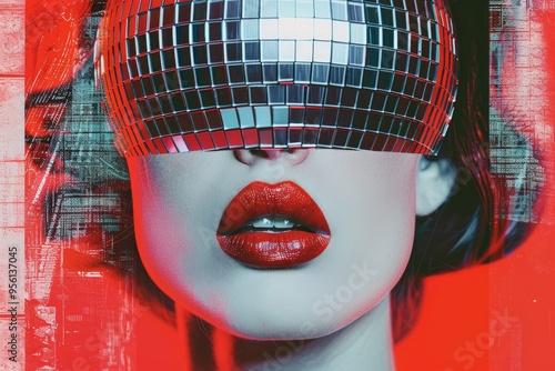 Abstract collage. Concept Disco girl with a head of disco ball and red lips