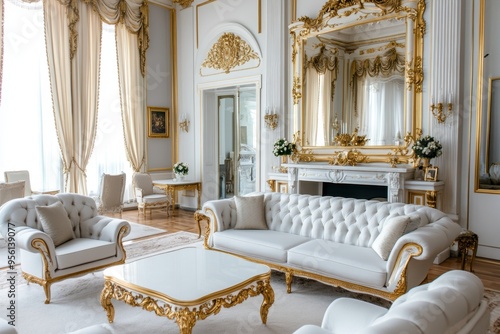 A lavish drawing room featuring gilded mirrors, plush furniture, and elegant curtains