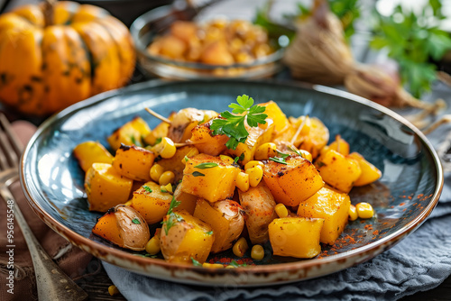 Photo of a fall dish of potatoes, pumpkin and corn