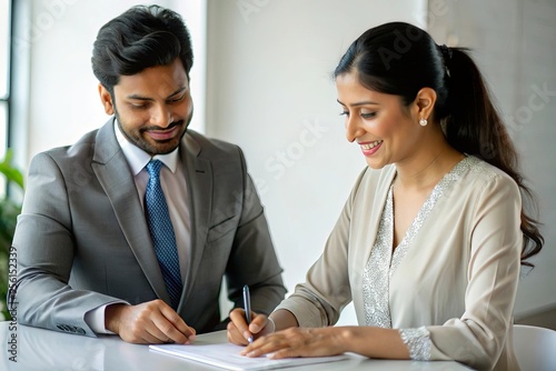 Indian Businesswoman and Client Signing Agreement 