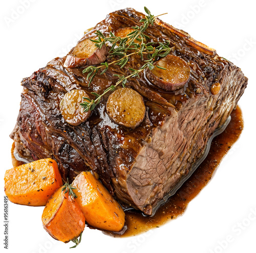 Traditional German Sauerbraten with Tender Marinated Beef, Caramelized Root Vegetables, and Rich Gravy - Classic Braised Dish on Transparent Background