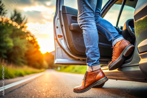 Man Stepping Out Of Car At Sunset. Adventure Awaits. Road Trip. Freedom.