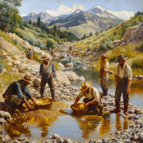 A group of gold prospectors pan for gold in a river, mountains in the background.