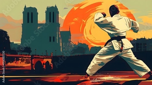 A judo fighter executing a throw, with Notre-Dame in the background, rendered in minimalist vector design.