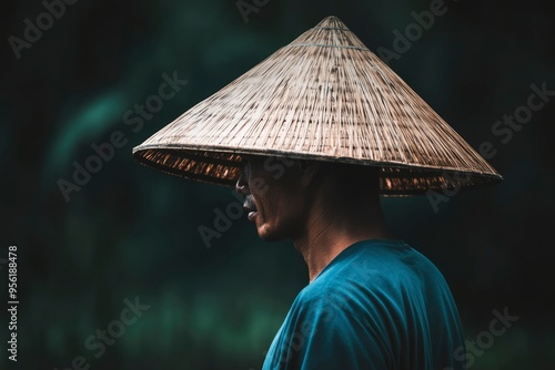 A Man Wearing a Traditional Conical Straw Hat