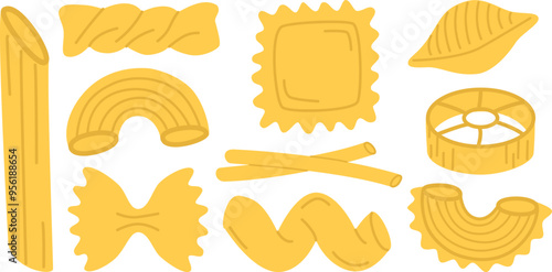 Set of different pasta types. Vector illustration of cute elements in flat style 