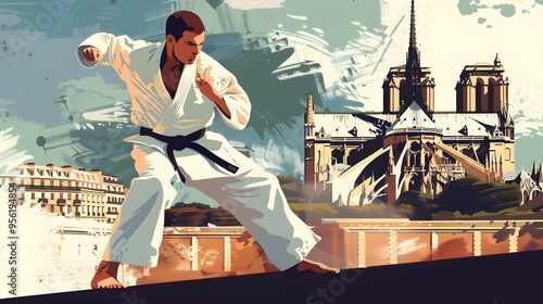 A judo fighter executing a throw, with Notre-Dame in the background, rendered in minimalist vector design.