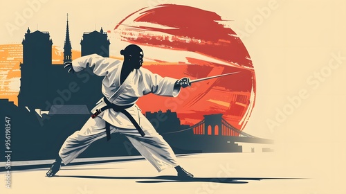 A judo practitioner executing a throw, with Notre-Dame in the background, rendered in minimalist vector design.