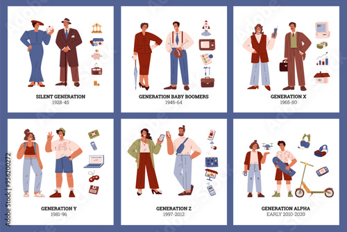 People generations card vector set, characters and symbols of Silent, Baby Boomers X, Y, Z and alpha social development