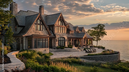 A large, elegant home with stone and wood details sits on the shore of Lake Michigan, overlooking the water at sunset