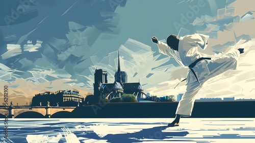 A judo fighter executing a throw, with Notre-Dame in the background, rendered in minimalist vector design.