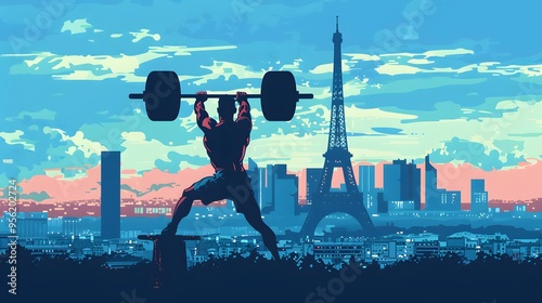 A weightlifter competing, with a Paris skyline, depicted in refined vector style.