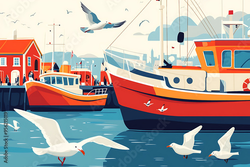 A vibrant harbor scene featuring boats, seagulls, and a coastal town.