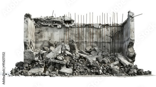 Concrete remains of a ruined building with exposed rebar isolated on a white background Background