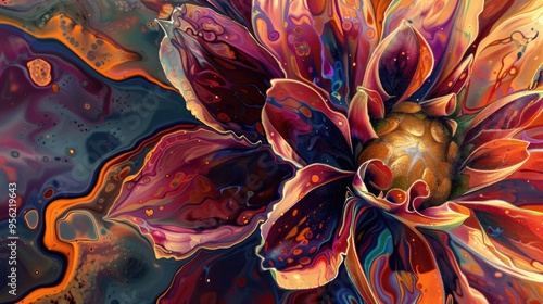 Oil painting artistic image of kind of liquid flower with fluently shapes and touch of gold aztec dahlia marbling rich in color