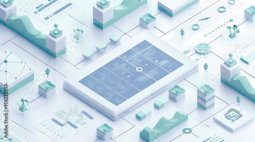 An isometric view of a financial report presentation with complex flowcharts and data matrices, rendered in subtle shades of blue and green, isolated on a white background for clarity.