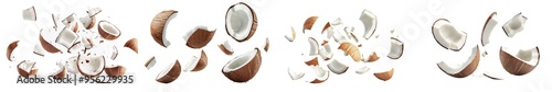 A falling coconut isolated on a white background, in full depth of field with selective focus