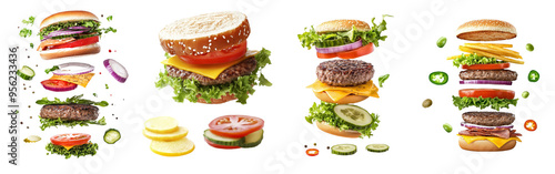 Isolated on white background, full depth of field, delicious fast food, hamburger, and cheeseburger