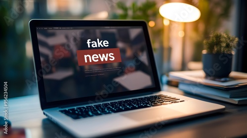 Text "fake news" displayed on laptop screen, internet, online propaganda concept