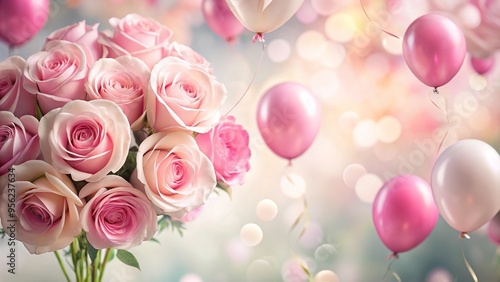 Aerial roses and pink balloons floating in soft-focused backdrop