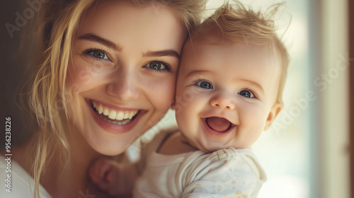 Szczęśliwa mama trzymająca niemowlę w objęciach, z wyraźnym uśmiechem na twarzy. Moment pełen miłości i wdzięczności, pokazujący ciepłe relacje rodzinne.