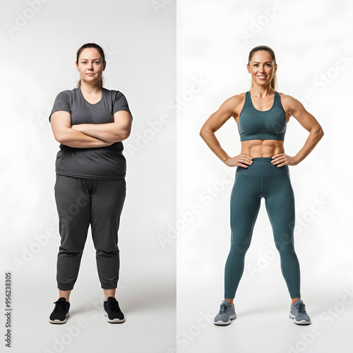 Before and after weight loss transformation comparison of a lady. Health and wellness 