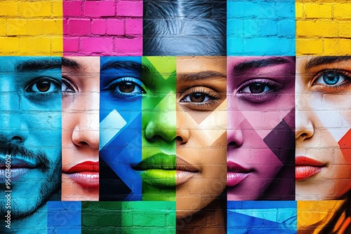 A vivid mural showcasing diverse human faces, each painted in vibrant colors on a brick wall, symbolizing unity and diversity through art and culture.