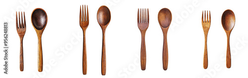 A wooden spoon and fork is isolated on a white background, with full depth of field