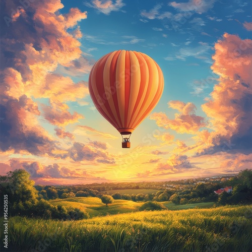 Stunning hot air balloon floating over a beautiful countryside at sunset with a vibrant sky and lush green fields.