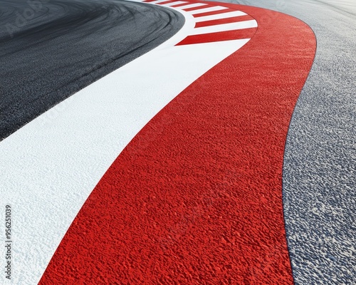 Tight corner on a professional racetrack, red and white curbs and slick asphalt, perfect for high-octane motorsport scenes