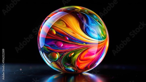 close-up view of a colorful glass sphere on black background