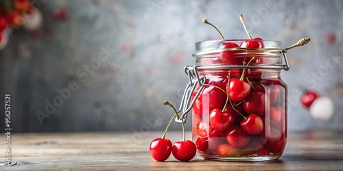 Decorative maraschino cherries in glass jar with low angle perspective