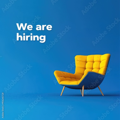 minimalistic creative job poster with a yellow armchair and the text "We are hiring" on a blue background