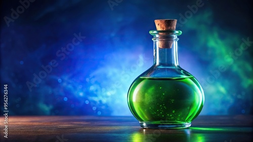 Green potion bottle on dark blue background with depth of field effect