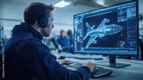 Engineer Designing Aircraft with 3D Modeling Software. Engineer using 3D modeling software to design an aircraft, highlighting the use of advanced technology in aerospace engineering.