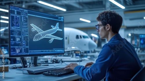 Aircraft Design Engineer Using Advanced CAD Software. Engineer is seen using advanced CAD software to design an aircraft, emphasizing modern technology and precision in aerospace engineering.