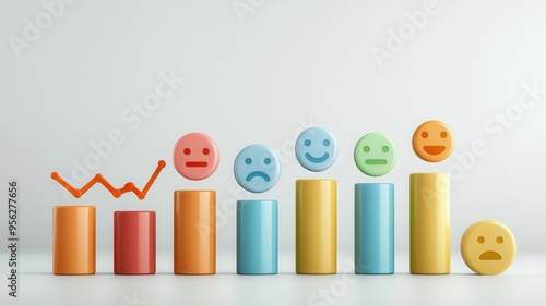 Consumer sentiment analysis, emotive faces and colorful charts, 3D illustration