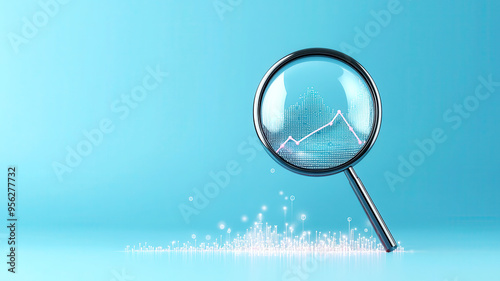 Data quality analysis, magnifying glass over data, 3D illustration