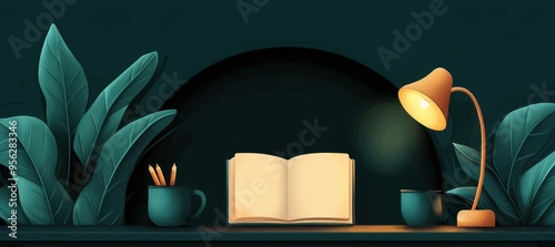 Journaling in a cozy nook, plants and warm light, flat design illustration