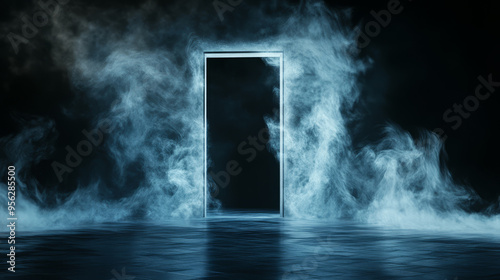 Mystical smoke swirling from a mysterious door in the darkness abstract surreal afterlife heavenly fog and light with black background negative space copy space life after death path journey portal